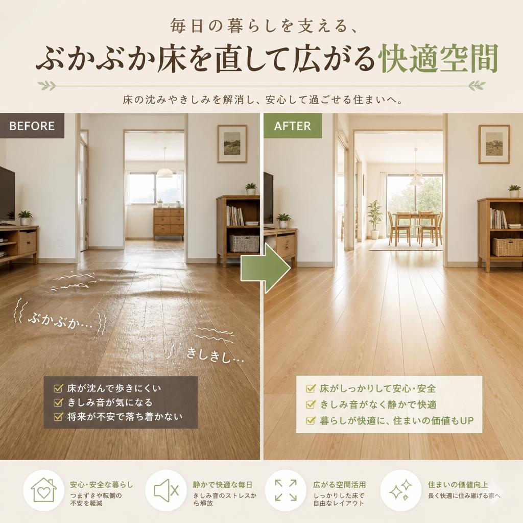 毎日の暮らしを支える、ぶかぶか床を直して広がる快適空間
