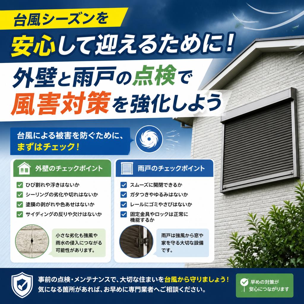 台風シーズンを安心して迎えるために！外壁と雨戸の点検で風害対策を強化しよう