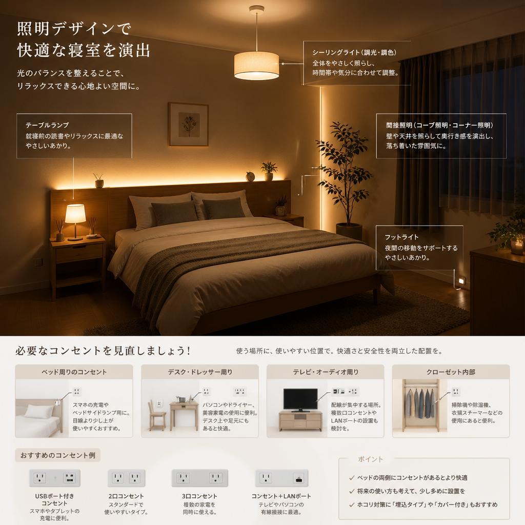 照明デザインで快適な寝室を演出し、必要なコンセントを見直しましょう！